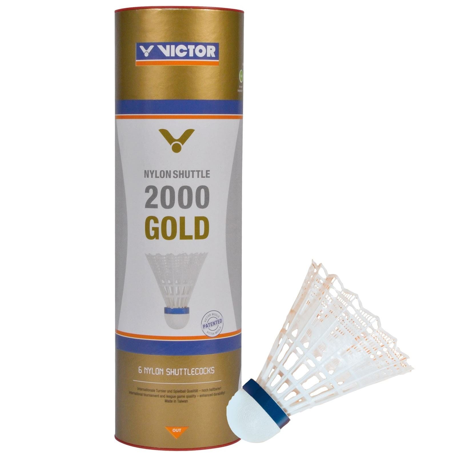 A cylindrical tube labeled "VICTOR 2000 Nylon White Badminton Shuttlecocks" stands beside a single white nylon shuttlecock with a blue band. The packaging, highlighting international tournament quality, indicates it contains six premium shuttlecocks from the brand Victor.