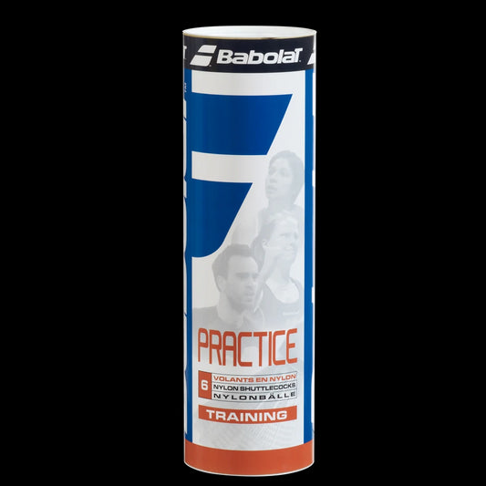 A cylindrical container of Babolat Practice Nylon Badminton Shuttlecocks x 6 - White, crafted for long-lasting training sessions with a premium nylon skirt. The packaging showcases images of badminton players, highlighting its effectiveness for practice use.