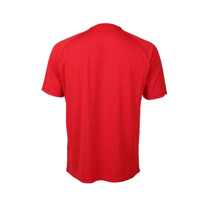 A cozy FZ Forza Balkan Red Boys / Mens Badminton T-Shirt displayed from the back against a white background. This striking red tee by FZ Forza comes with short sleeves and a classic round neckline, ideal for a casual day out.