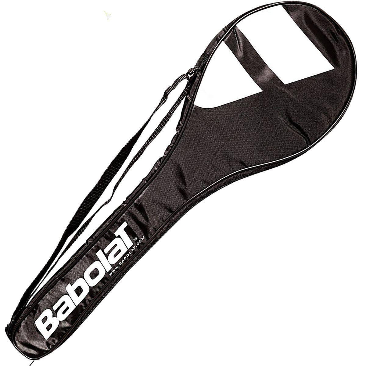 A black Babolat tennis racket bag, highlighted by an ultra-lightweight design, includes a shoulder strap and a zippered compartment. Perfect for defensive players, the bag displays the Babolat logo in white lettering on the side.