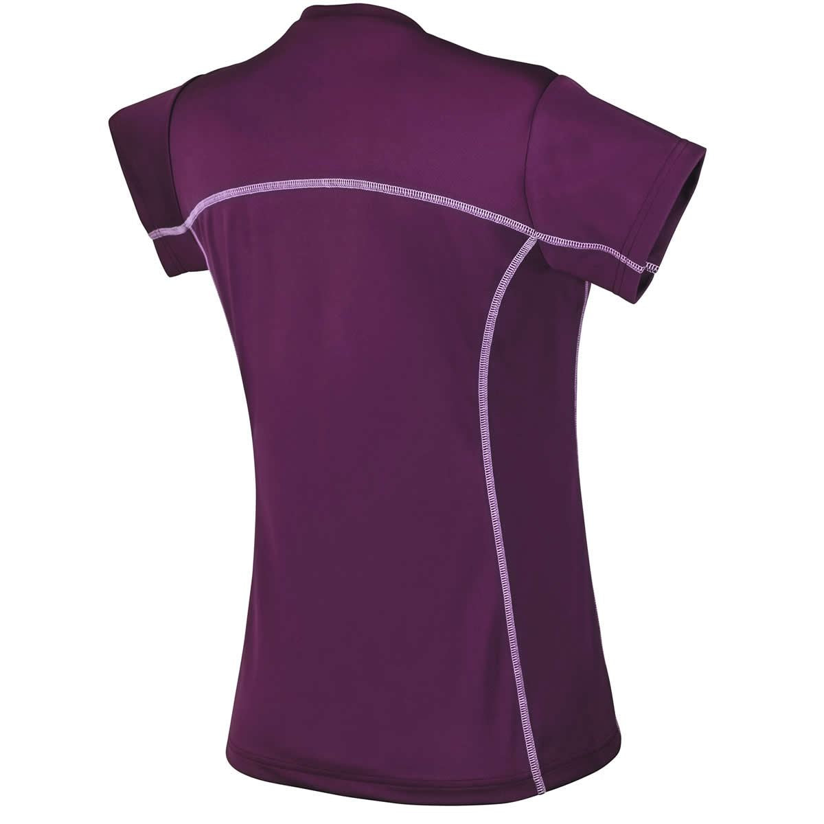 Back view of the Yonex YTL1 Burgundy Team Ladies/Womens Badminton T-Shirt, a short-sleeved athletic shirt crafted for badminton enthusiasts, featuring light pink piping along the shoulders and sides. This quick-drying, sweat-absorbent garment from Yonex ensures comfort on the court.