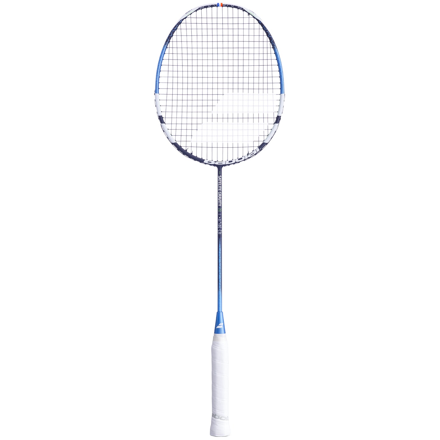 Equipped with Babolat's SLIM T technology, the Babolat Satelite Gravity 78 Badminton Racket in blue features expertly crafted strings on an aerodynamic frame. Its white handle complements the balanced head, making it a standout against a white backdrop, and engineered for peak performance.