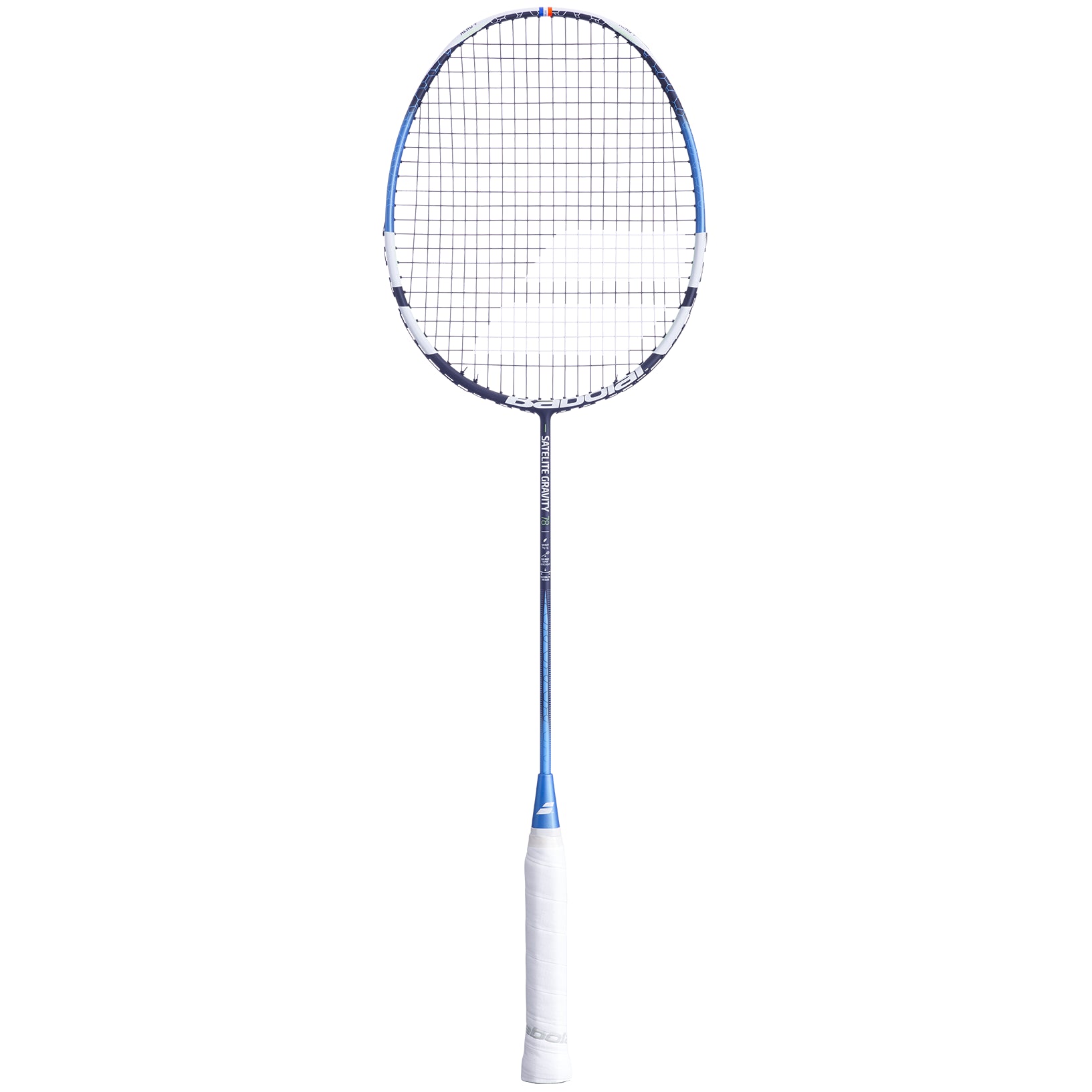 Equipped with Babolat's SLIM T technology, the Babolat Satelite Gravity 78 Badminton Racket in blue features expertly crafted strings on an aerodynamic frame. Its white handle complements the balanced head, making it a standout against a white backdrop, and engineered for peak performance.