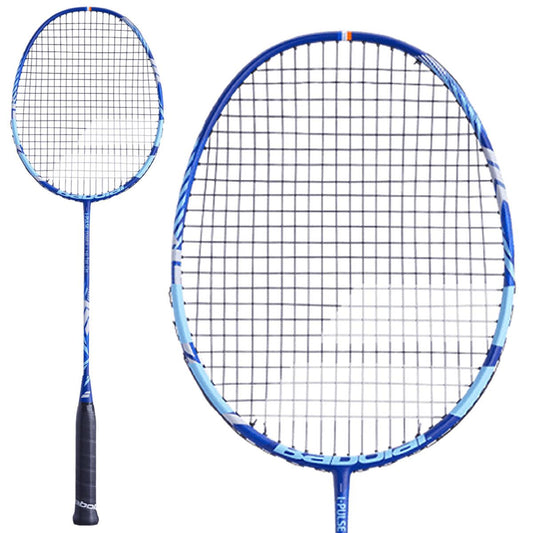 The Babolat I-Pulse Power Badminton Racket in Blue/Grey by Babolat features a black handle, a grid of strings on its circular head, and subtle white graphics on the shaft. Designed for maximum power and an optimum kickpoint, the images showcase both a full view and a close-up of the racket head, emphasizing its I-PULSE POWER technology.