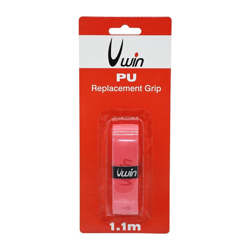 The packaging of the Uwin PU Replacement Badminton Grip in red prominently features red as the main color, with accents of white and black text highlighting its 1.1-meter length. A transparent section showcases the durable grip, ideal for replacing your racket's handle.