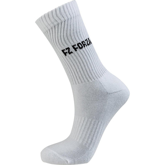 The FZ Forza Comfort Long White Badminton Socks, featuring the "FZ FORZA" branding on the side, offer a seamless toe and reinforced heel to ensure exceptional comfort and optimal performance during sports activities.