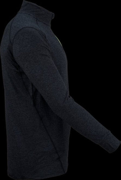 A side view of the Victor Badminton Longsleeve Black melánge5929 Top against a black background showcases its dark gray hue. The lightweight fabric is plain and form-fitting, highlighting the smooth texture and simple design by the brand Victor.