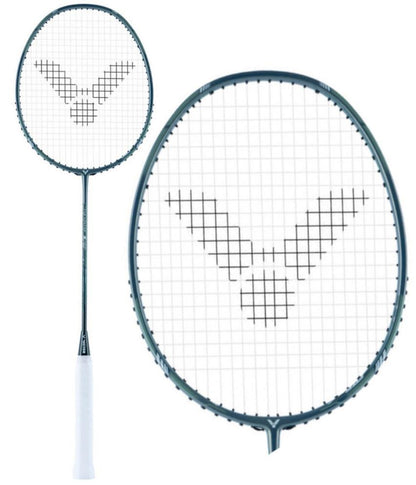 The Victor Thruster K66 Badminton Racket in blue, known for its lightweight design, showcases a white handle and a black string pattern forming an intricate logo on the racket head. The close-up image highlights the advanced technologies that boost its performance.