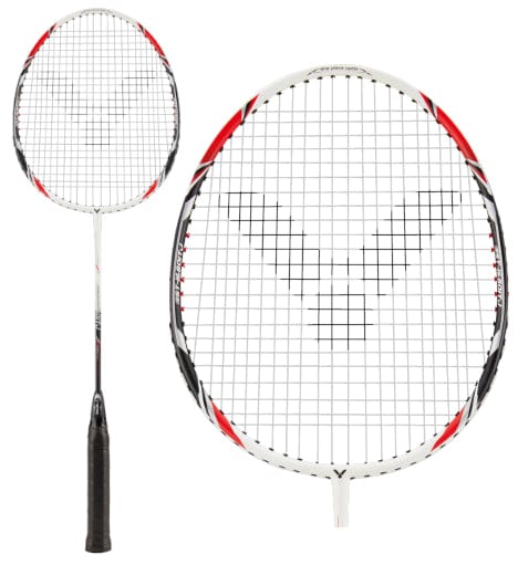 The Victor ST-1680 ITJ badminton racket, tailored for beginners, boasts an eye-catching black and white design. A close-up of the racket head highlights its intricate string pattern, making it perfect for players aiming to improve their game.