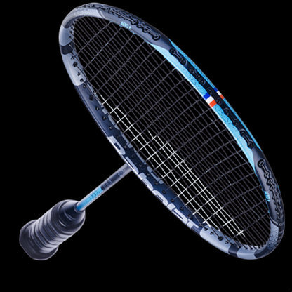 The Babolat Satelite Power Badminton Racket - Blue by Babolat features a sleek blue and black design that provides exceptional manoeuvrability. Its grid of strings and padded grip handle enhance control, power, and speed against a black background.