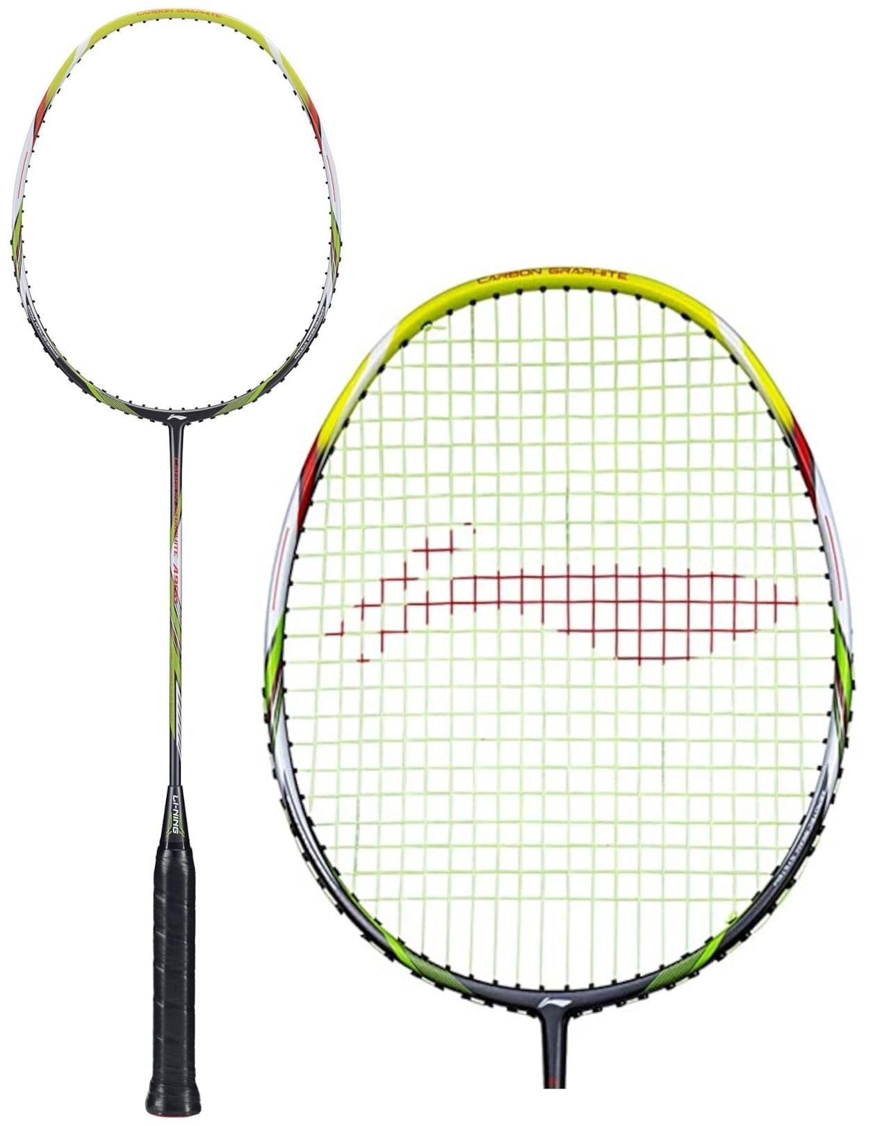 A detailed view of the Li-Ning Carbon Series A900 badminton racket showcases its grey handle and striking grey and green color scheme on the head. The Dynamic-Optimum Frame highlights white strings with a distinct red pattern at the center. Both the entire racket and a close-up of the head are presented.