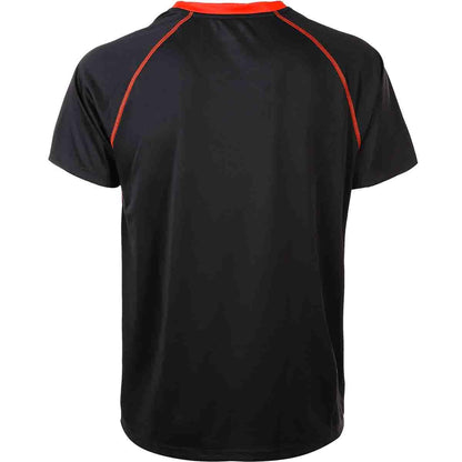 Back view of the FZ Forza Monthy Men's Badminton T-Shirt in black, featuring red piping along the shoulders and neckline. Designed with Dryforze technology for quick-drying performance, it embodies sleek Danish design in a lightweight, breathable fabric.