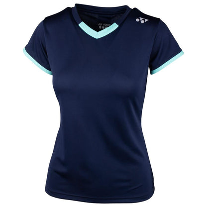 The Yonex YTL4 Women's Badminton T-Shirt in navy blue is an athletic top designed with light blue trim on the sleeves and a V-neck. It's breathable and lightweight, making it ideal for active play, and features a small logo on the right shoulder.