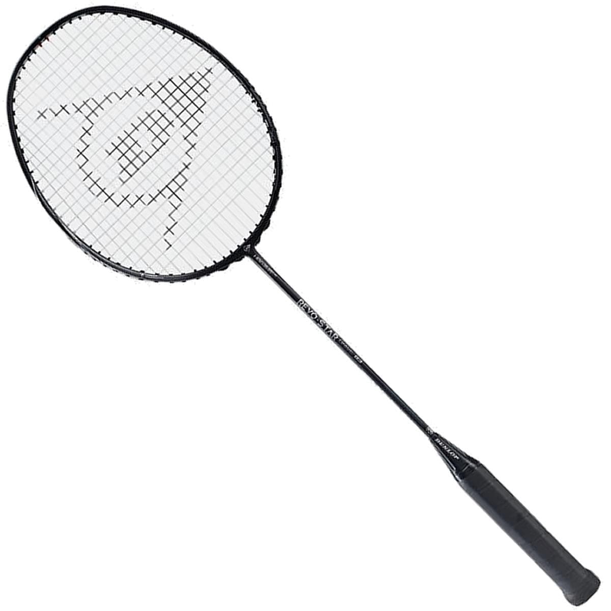 Introducing the Dunlop Revo Star Drive 83 Badminton Racket in black. This exceptional racket is constructed from High Modulus Graphite and features a mesh string pattern paired with a dark handle. It boasts a white logo on the strings and incorporates the Power Grommet System, enhancing its performance to optimal levels.