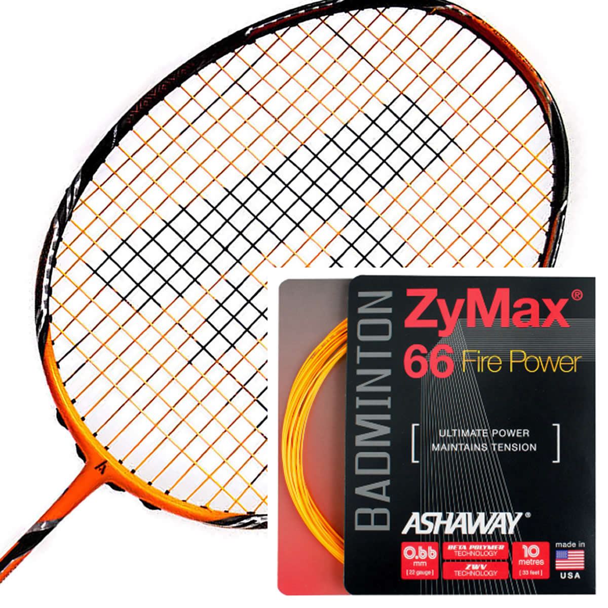 A badminton racket featuring orange and black strings is displayed beside a packet of "Ashaway Zymax 66 Fire Power Badminton String Orange - 0.66MM - 10m Packet." This highlights its role as a high-performance string designed for ultimate power and optimal repulsion. Made in the USA, these strings ensure consistent tension for peak performance.