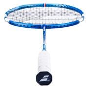 The Babolat Satelite Origin Essential Badminton Racket - Blue, by Babolat, is a versatile choice perfect for club-level doubles players. It boasts a sleek blue and white design, with tightly woven strings and a black handle cap adorned with the brand’s logo.