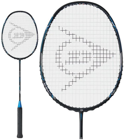 A detailed view of the Dunlop Nanoblade Savage Pro II Badminton Racket featuring blue accents. The frame, made from flexible graphite, highlights strings that create a geometric design with a logo in the center. On the left is the entire racket, while an enlarged image of the head is displayed on the right.