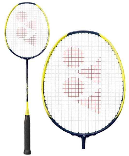 The Yonex Nanoflare 370 Speed Badminton Racket - Yellow features a striking yellow and black handle paired with a white stringed head, adorned with an impressive red graphic pattern. Designed to enhance your performance, this racket offers exceptional speed and power, allowing you to play with precision and style.