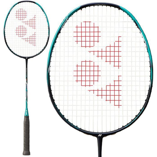 The Yonex Nanoflare 700 badminton racket showcases two perspectives, featuring a blue-green frame complemented by a black grip. Ideal for advanced players, the racket's strings display a bold red logo pattern.