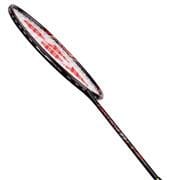 The Yonex Astrox 22 LT Badminton Racket, a lightweight and aggressive power racket, showcases a black frame with red and white strings. Enhanced by Nanomesh Neo technology, it is positioned diagonally against a plain white background.