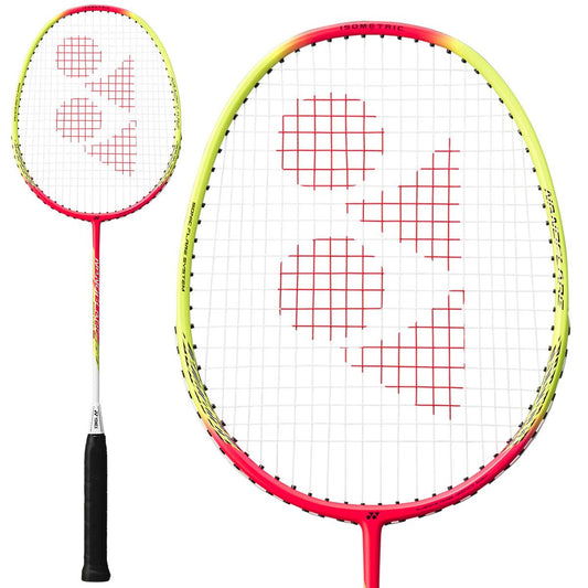 Close-up of a Yonex Nanoflare 100 badminton racket with a striking pink and yellow frame, designed with head light balance. The white string bed features a red design, complemented by the black handle. Two perspectives are displayed—one offering a full view ideal for beginners, and another highlighting the racket's head.