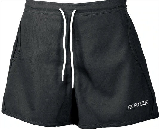 The FZ Forza Pianna Women's Badminton Shorts in black feature stretchable fabric with white drawstrings at the waistband. "FZ FORZA" is printed in white on the lower left side, and they incorporate DryForze technology for enhanced comfort.