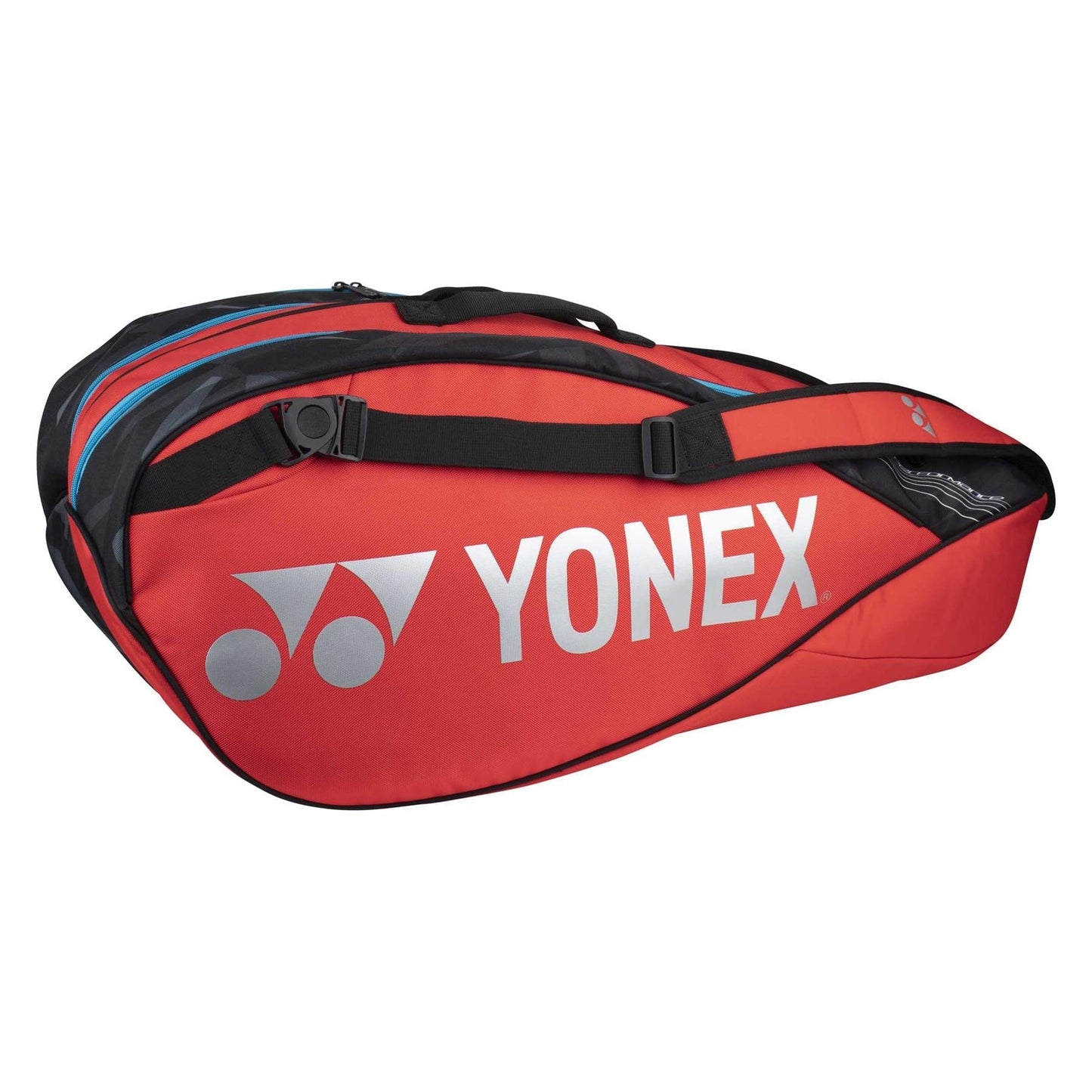 The Yonex 6 Piece Pro Badminton Racket Bag 92226 in Tango Red, featuring a white logo and black accents, is displayed against a simple backdrop. Crafted for versatility, this stylish bag includes multiple compartments and a convenient shoulder strap for easy transport.