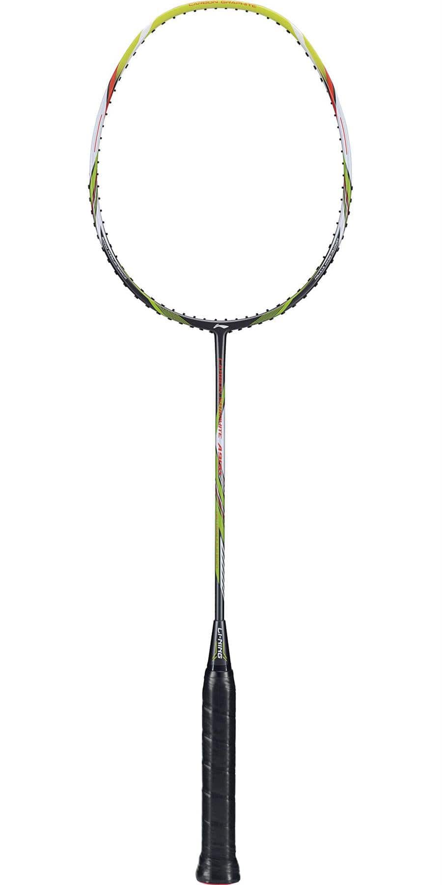 The Li-Ning Carbon Series A900 Badminton Racket in Grey and Green features a black handle and circular head. Its predominantly grey frame with green accents, highlighted by red and black details, showcases a Dynamic-Optimum Frame. The racket's tightly strung strings complete its sleek, sporty design.