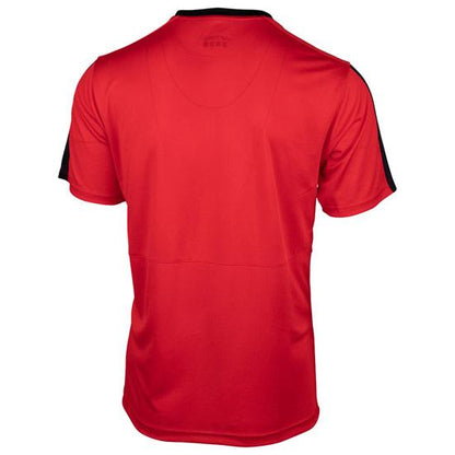 The red Yonex YTM3 Men's Badminton T-Shirt is displayed from the back, featuring short sleeves and sleek black accents on the shoulders. Its smooth and lightweight breathable fabric makes it perfect for active wear.