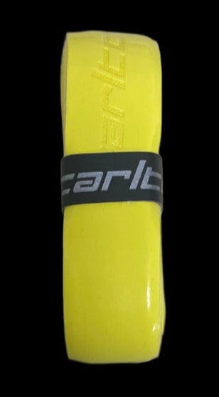 The Carlton PU Pro Badminton Grip in yellow is a rolled grip designed for badminton racquets, secured with a black band featuring the Carlton logo. It offers a durable replacement option with its textured surface and glossy finish.