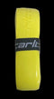 The Carlton PU Pro Badminton Grip in yellow is a rolled grip designed for badminton racquets, secured with a black band featuring the Carlton logo. It offers a durable replacement option with its textured surface and glossy finish.