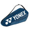 The Yonex 42123EX Team 3 Piece Badminton Racket Bag in blue is designed with a black strap and prominently displays the iconic Yonex logo. Ideal for light travelers, it comfortably accommodates up to three rackets and features "TEAM" in bold white text.