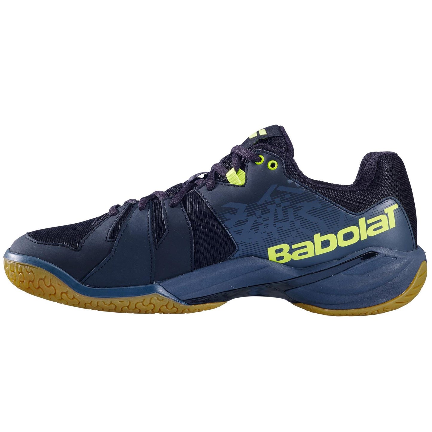 The Babolat Shadow Spirit Badminton Shoes - Black, crafted by Babolat, are an elegant blend of black and navy blue with vibrant lime green accents and logo. They showcase a Michelin rubber non-marking sole adorned with a textured pattern for exceptional grip. Tailored for optimum sports performance, these shoes excel on indoor courts.