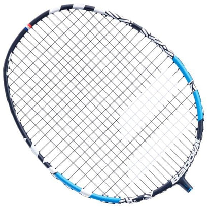 Introducing the Babolat Prime Essential LTD Badminton Racket, featuring a sleek white and black frame with blue accents and a flexible shaft. Designed for intermediate-level players, this racket's tightly woven strings deliver precision, while its durable graphite construction ensures longevity. The racket is crafted to appear slightly angled to the side.