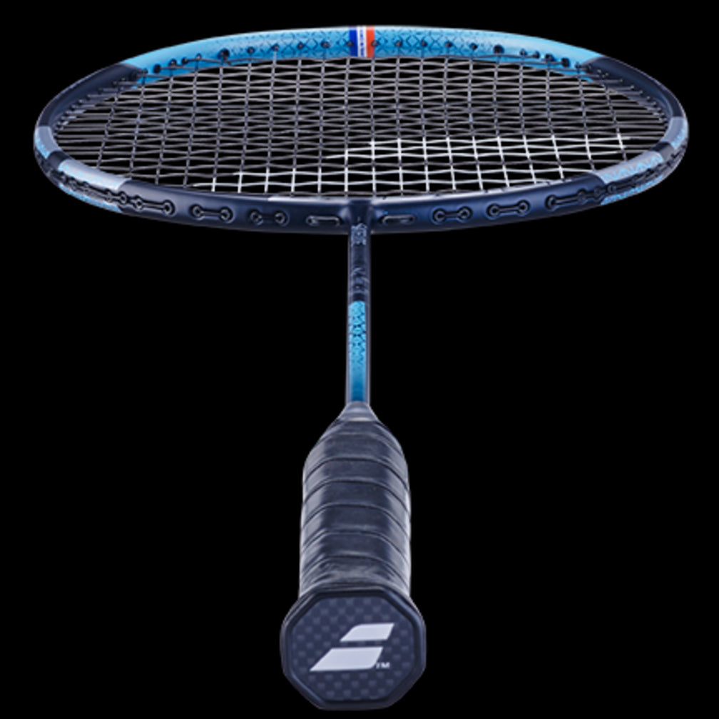 A close-up of the Babolat Satelite Power Badminton Racket - Blue showcases its blue frame and black strings, positioned vertically with the handle pointing downward. The grip features a textured black surface, enhancing control and maneuverability. Its oval-shaped head promises optimal power and speed on the court.