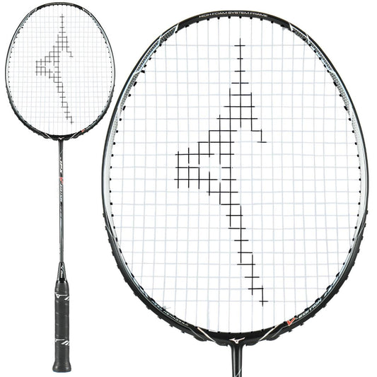 A close-up of the Mizuno JPX V Edition Badminton Racket showcases its black frame with white strings and a distinct logo pattern in the string bed. The handle, wrapped in black grip tape, complements its stylish Aero Hexagram design. The full length of the racket is displayed alongside the close-up of its head.