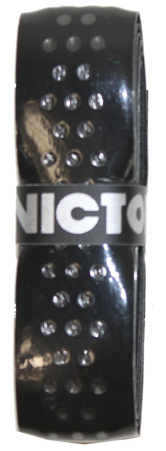 The Victor Soft Grip Replacement Badminton Grip in black features a coiled, glossy design with a pattern of raised dots. It is secured by a gray band with prominent white text and offers an enhanced feel with its self-adhesive perforated design.