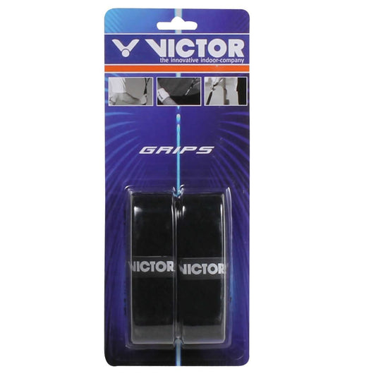 The packaging for the Victor Towel Badminton Black Racket Grip - Blister - Set of 2 highlights its two black grips, renowned for superior sweat absorption. It prominently displays the Victor brand logo and includes visuals that illustrate how to easily apply the grip, guaranteeing top performance on the court.