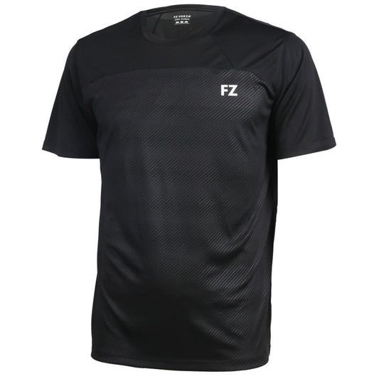 A black FZ Forza Helsinki Badminton T-Shirt is showcased on a plain background, featuring a subtle diagonal grid pattern accompanied by "FZ" printed on the upper chest. It incorporates DryForze technology for superior moisture management and an anti-pilling fabric, making it perfect for badminton or casual occasions with its round neck and short sleeves.