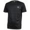 A black FZ Forza Helsinki Badminton T-Shirt is showcased on a plain background, featuring a subtle diagonal grid pattern accompanied by "FZ" printed on the upper chest. It incorporates DryForze technology for superior moisture management and an anti-pilling fabric, making it perfect for badminton or casual occasions with its round neck and short sleeves.