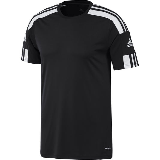 The Adidas Squadra 21 Men's Jersey T-Shirt in black, designed by adidas, features Aeroready Technology for optimal moisture management. It showcases the iconic white shoulder stripes and logos on the sleeves and chest. With its short sleeves and crew neck design, this shirt is perfect for both athletic activities and casual outings.