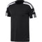 The Adidas Squadra 21 Men's Jersey T-Shirt in black, designed by adidas, features Aeroready Technology for optimal moisture management. It showcases the iconic white shoulder stripes and logos on the sleeves and chest. With its short sleeves and crew neck design, this shirt is perfect for both athletic activities and casual outings.