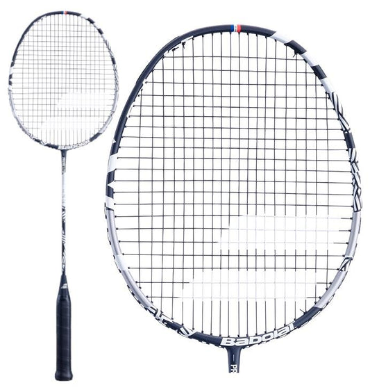 Introducing the Babolat Prime Power LTD Badminton Racket in a striking white and black design. This sleek racket, perfect for players seeking an even balance, features a grid string pattern. The "Babolat" logo is prominently displayed on the frame. The product images include both a full view and a close-up of the powerful racket head.