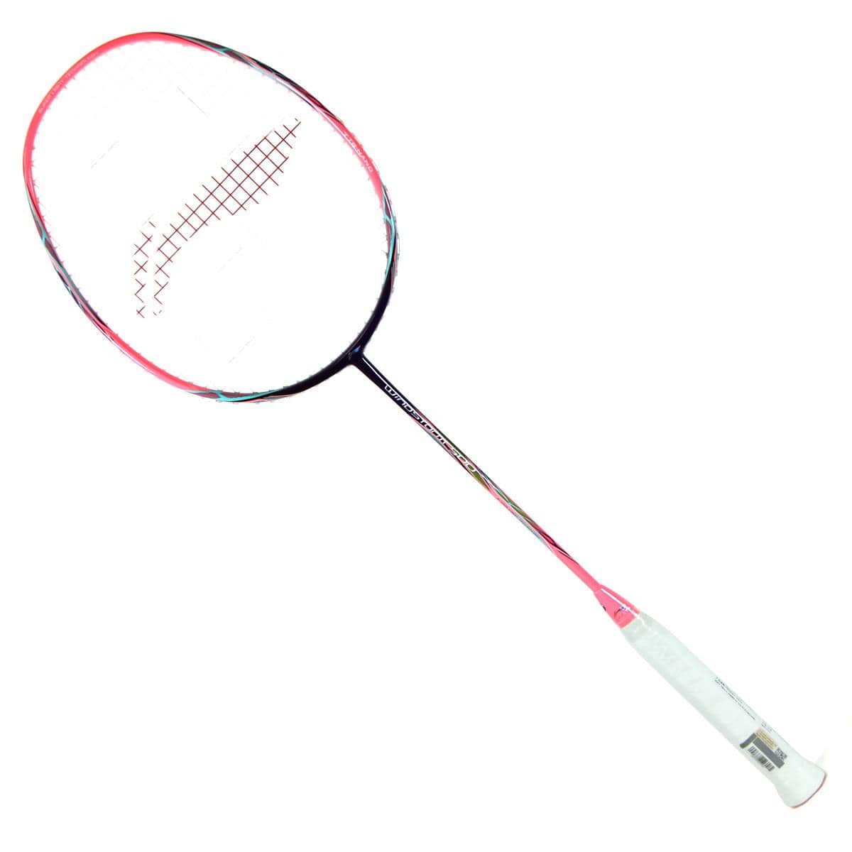 The Li-Ning Windstorm 500 Badminton Racket boasts a sleek design that is perfect for those seeking speed. This pink and purple racket features a narrow shaft with netted strings, and its grip is wrapped in white material. The frame's combination of pink and purple accents makes it visually striking against a white background, enhancing power production with every swing.