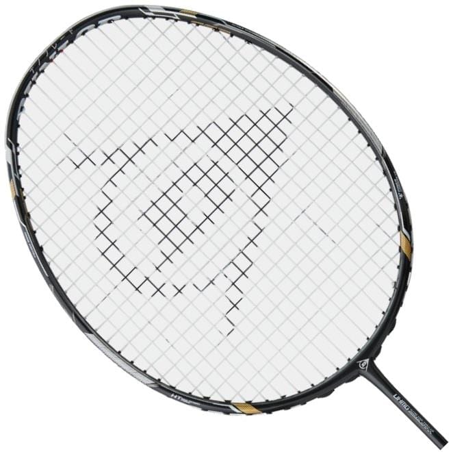 The Dunlop Nanoblade Savage Woven Special Lite Badminton Racket is designed in black and white with an isometric head and a grid pattern on the strings, featuring a logo symbol. Its sleek frame boasts subtle gold accents along the edges and incorporates a Power-Ridge for improved performance. The string pattern showcases its distinctive Dunlop brand design.