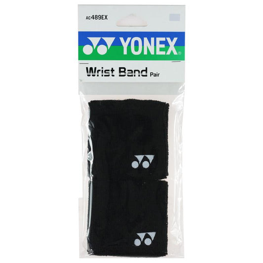 Package of Yonex AC489EX Badminton Sweat Wristbands in black, offering two soft wristbands with the Yonex logo. These sweat-absorbing bands are ideal for any sport or activity.