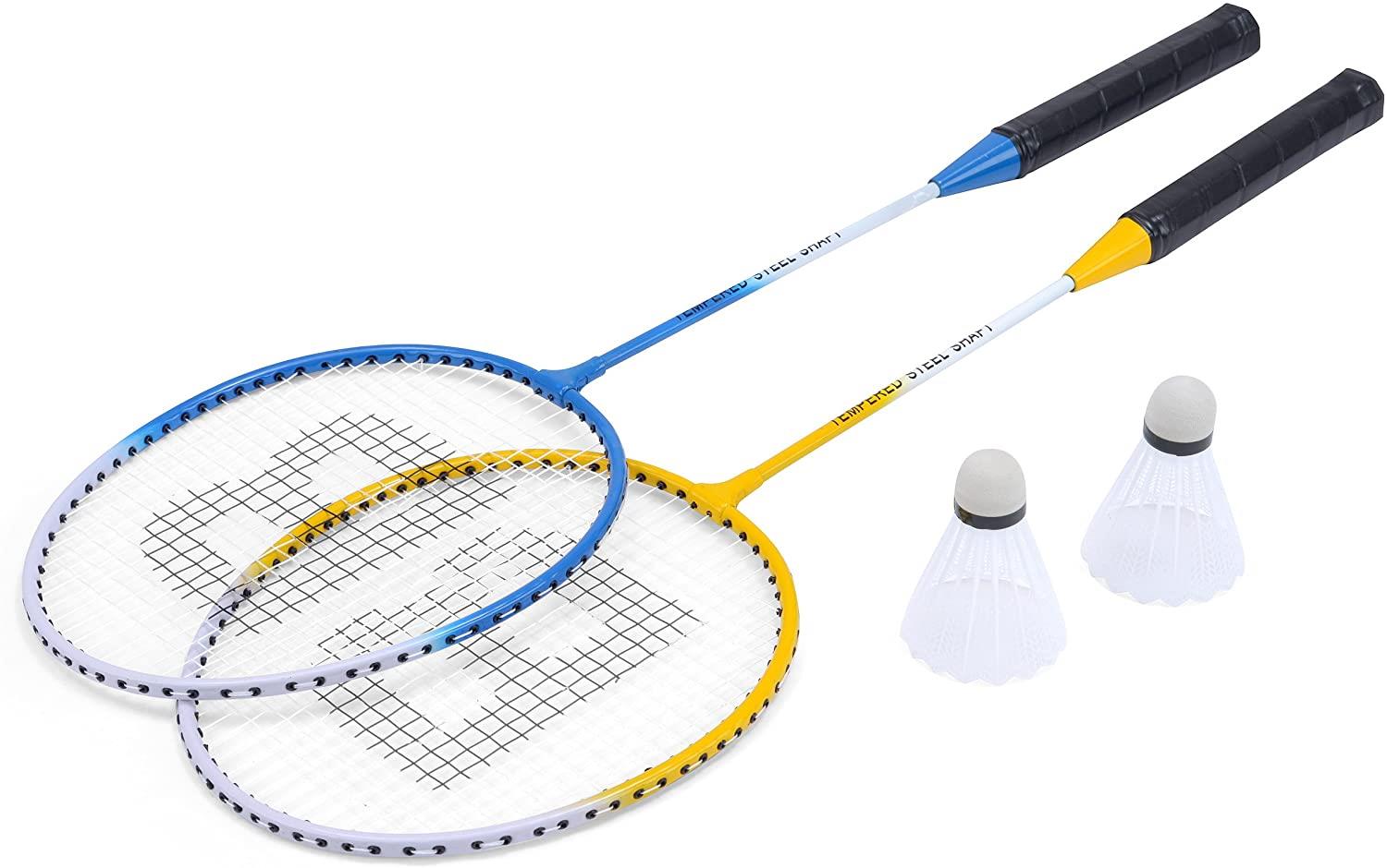 The Baseline 2 Player Pro Badminton Racket Set, featuring two alloy steel rackets in blue and yellow, are crossed with their strings facing upward. Ideal for beginners, the set includes two white shuttlecocks placed beside the rackets on a pristine white background.