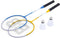 The Baseline 2 Player Pro Badminton Racket Set, featuring two alloy steel rackets in blue and yellow, are crossed with their strings facing upward. Ideal for beginners, the set includes two white shuttlecocks placed beside the rackets on a pristine white background.