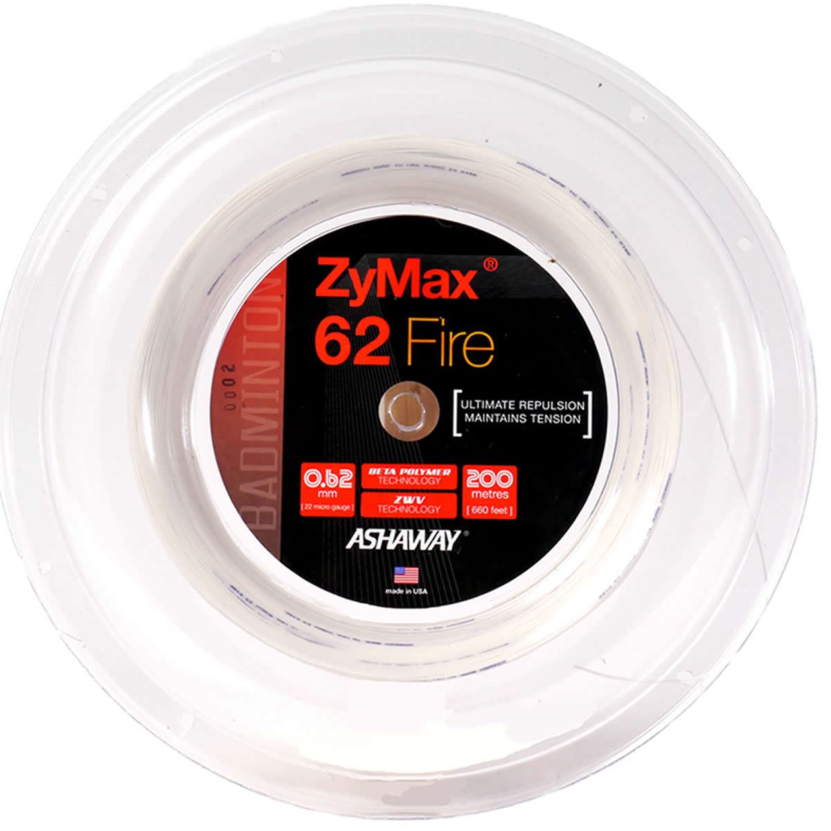 A close-up of a spool of Ashaway ZyMax 62 Fire badminton string in white packaging, designed for professional players. The label emphasizes its 0.62 mm gauge for optimal repulsion and tension upkeep, with an ample length of 200 meters. The Ashaway brand is prominently featured.