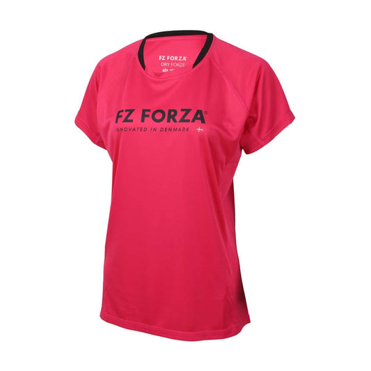 The FZ Forza Blingley Sparkling Cosmo Pink Badminton T-Shirt is a women's athletic tee featuring black "FZ FORZA" lettering on the front and the phrase "INNOVATED IN DENMARK" below it. It includes a round neckline with black trim, and short sleeves made from quick-drying material, perfect for both badminton and casual wear.